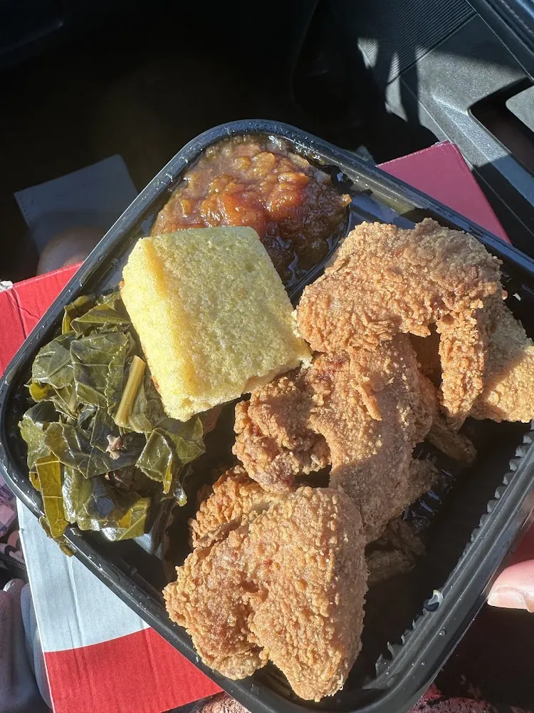 Chicken Sweet Potatoes Greens and Cornbread